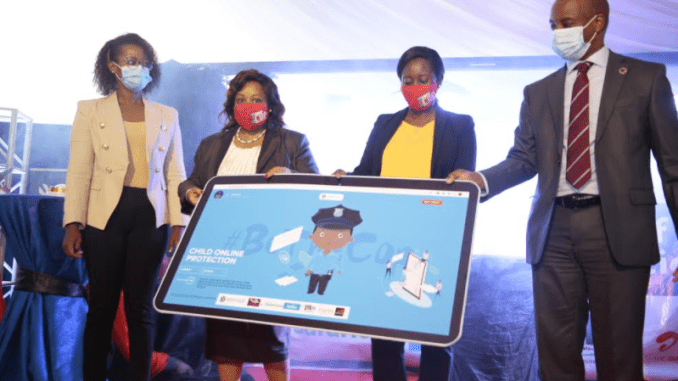 From left – Caroline Simba, Head of Legal, Jamii Telecom; Ag. Director General, Mercy Wanjau, CA; Maureen Mbaka, CAS, Ministry of ICT; and Steve Chege, Chief Corporate Affairs Officer, Safaricom, launch an interactive portal for safer online environment at CA Centre, Nairobi